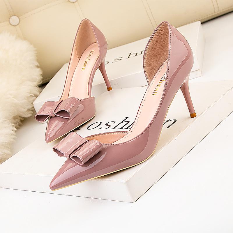 Fashion thin heel high heel patent leather pointed tip hollowed out thin bow high heels single shoes women