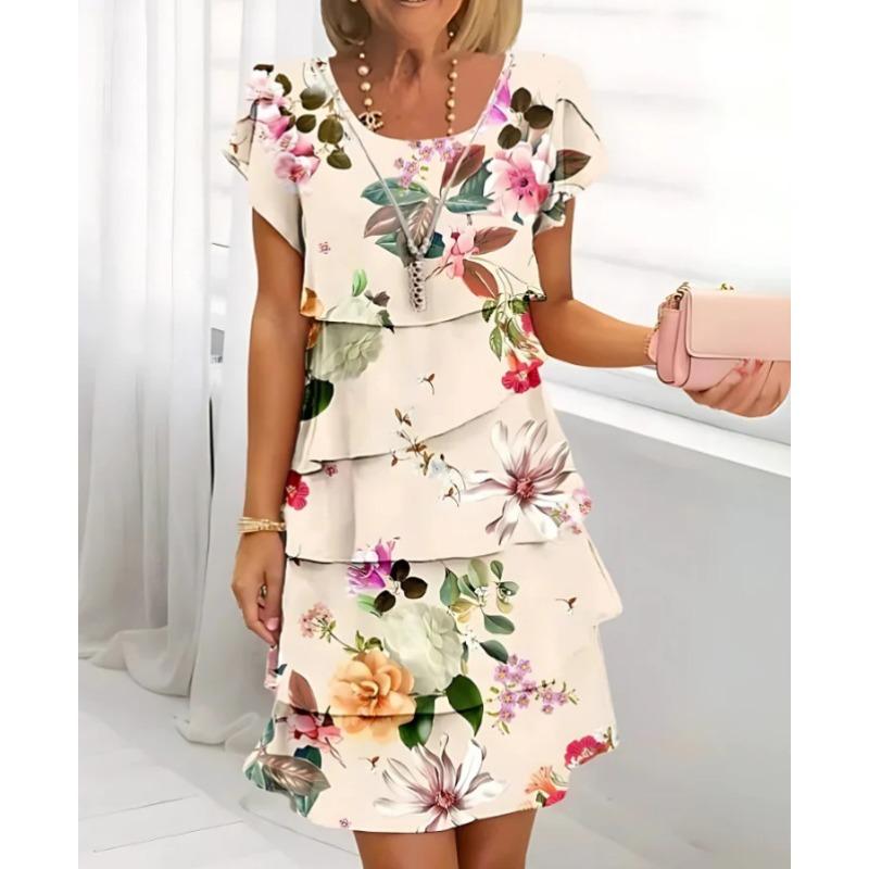 TIFICY Women s Fashion Summer Spring Flower Pattern Print Short Sleeve O-Neck Loose Waistlinet Casual Dresses S