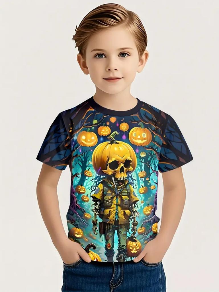 Halloween Boy's T-Shirt Pumpkin Pattern Summer Short Sleeves Skull Fashion Print Kids Tops 2-10y Party Gift Children's Clothing