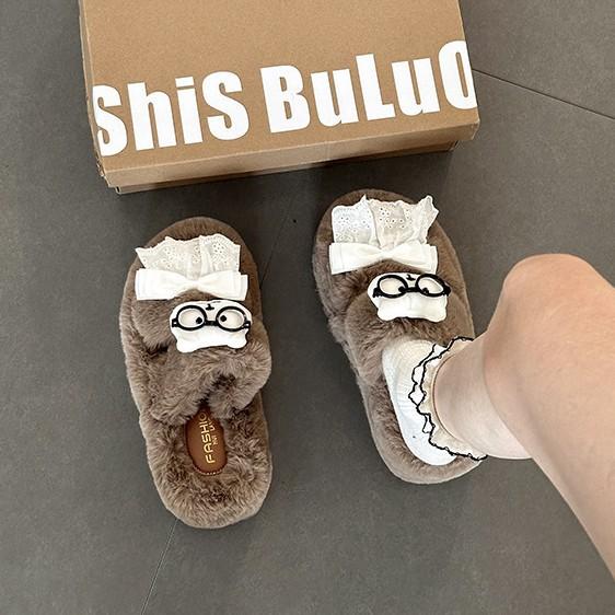 Bear casual bag head fluffy slippers women's 2025 autumn and winter new fashion warm home lazy shoes one-word cotton tow