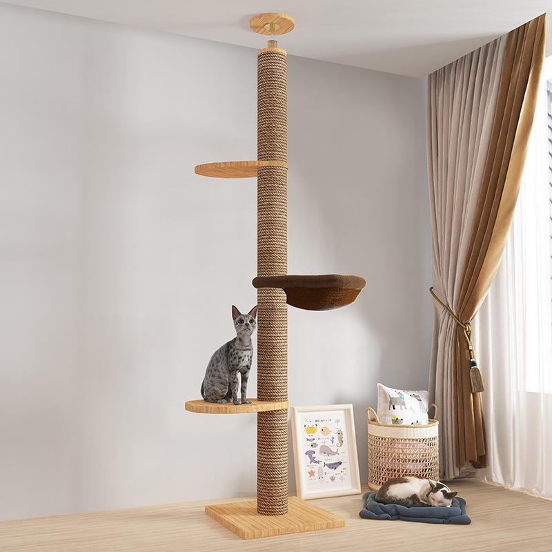 Boden-bis-Decke Katzenkratzbaum mit Raumkapsel & Kratzstamm, Massivholz, Vier Etagen, Katzenkletterspielzeug