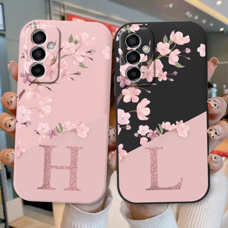 Initial Letter A Z Case For Samsung Galaxy M23 F23 5G Cover Pink Flowers Soft Silicone Back Funda For Samsung M 23 Coque Bumper