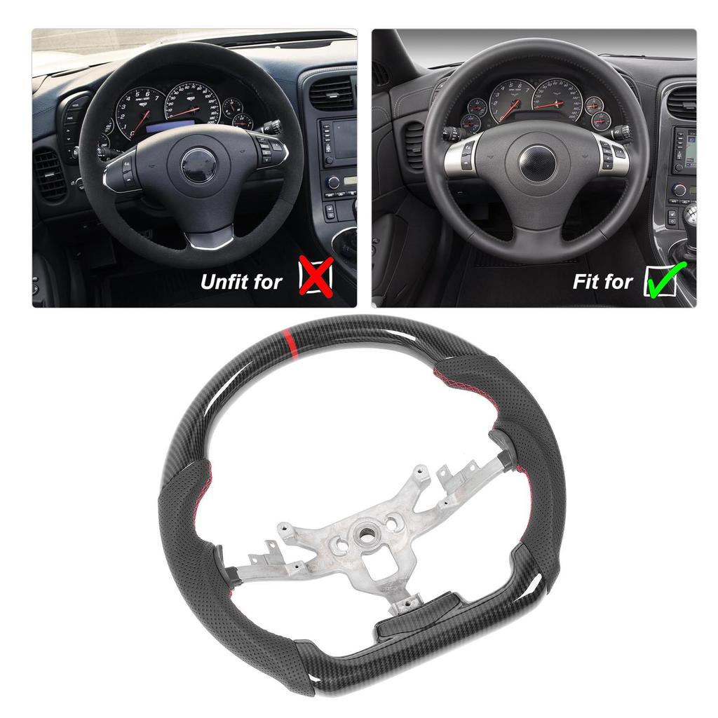 Hydro Dip Carbon Fiber Look Steering Wheel Perforated Leather Flat Steering Wheel For C6 2006‑2013 Red Stitching