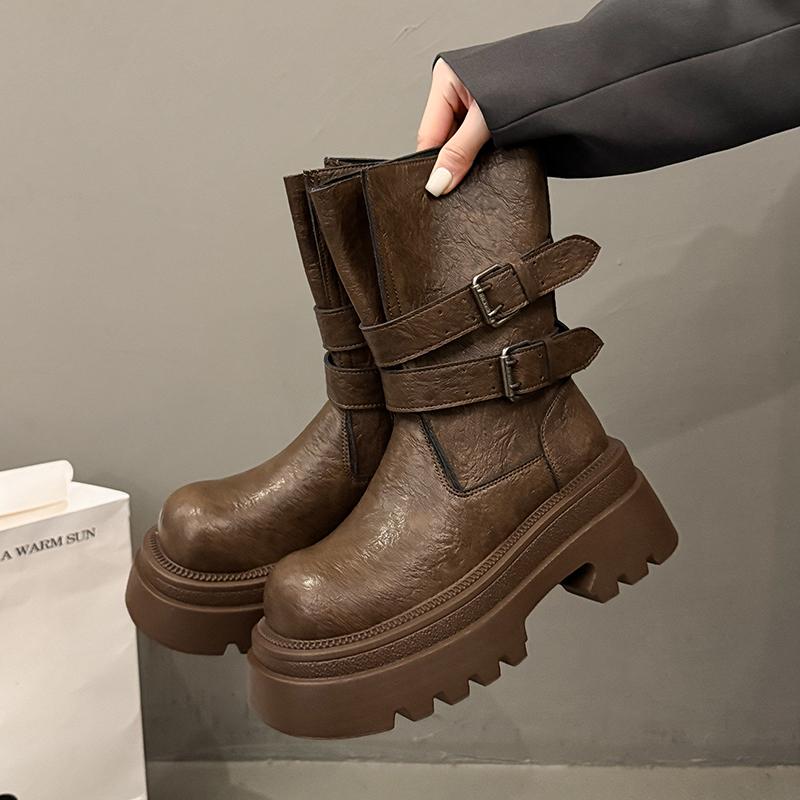 

Winter Platform Thick Sole Woman Ankle Boots Design Belt Buckle Slip On Shoes Punk Style Modern Short Bottes Femmes 35