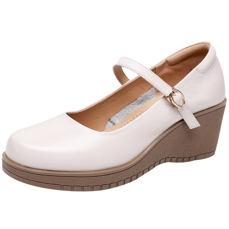 Fashion GKTINOO Fashion Ankle Strap Wedges Platform Genuine Leather Shoes Mary Janes Pumps For Women Casual Black Work Shoes High Heels