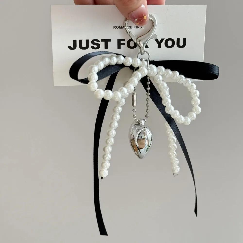 French Ribbon Pearl Bow Style Bag Charm Versatile Keychain Pendant Heart Drop for Schoolgirl Kawaii Key Holder Cute Accessory