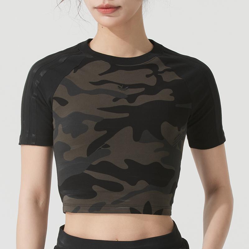 Adidas Originals Baby Tee Camo Outdoor Series Round Neck Color Block Camouflage Fitted Short Sleeve Top Women tops Black Green JI5740