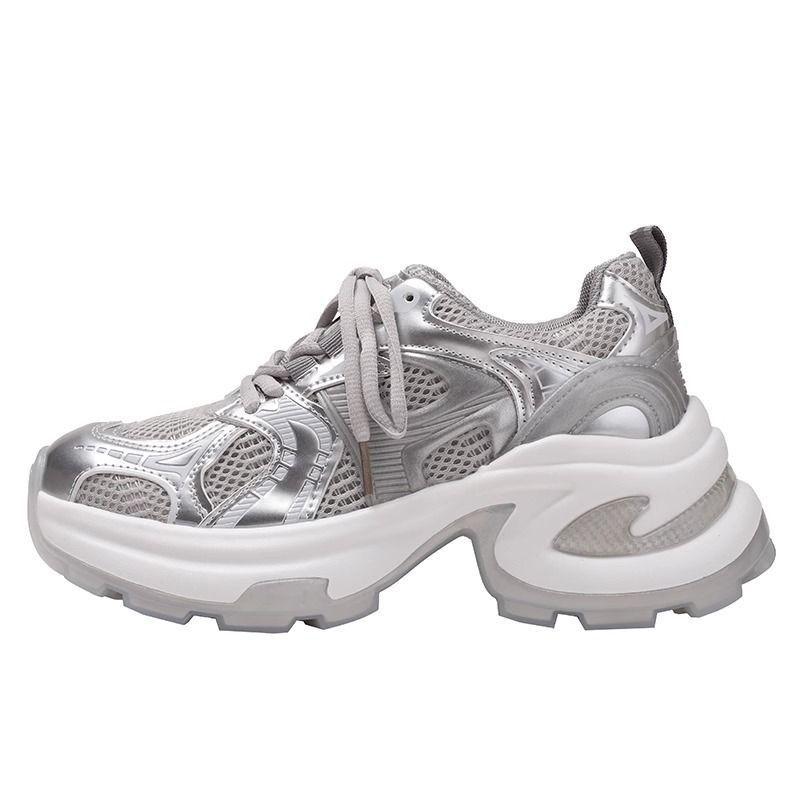 thick-soled silver dad shoes women's new autumn orgasm casual sports shoes round head mesh high heel