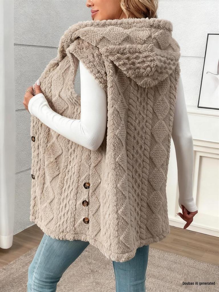 Wendbarer Plüsch-Kapuzen-Strickwesten-Cardigan für Damen - Einfarbig, Lässig, Herbst/Winter-Stil