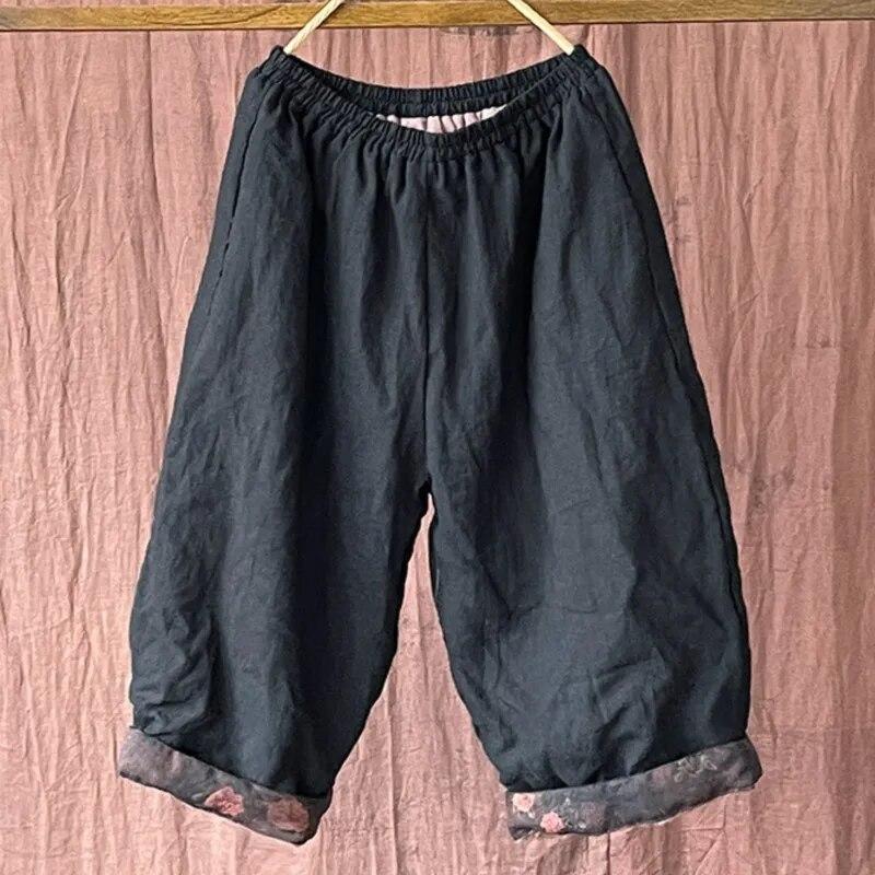 Johnature Frauen Vintage Leinen Breite Bein Hosen Elastische Taille Patchwork Taschen Herbst Einfarbig Frauen Kalb-länge Hosen