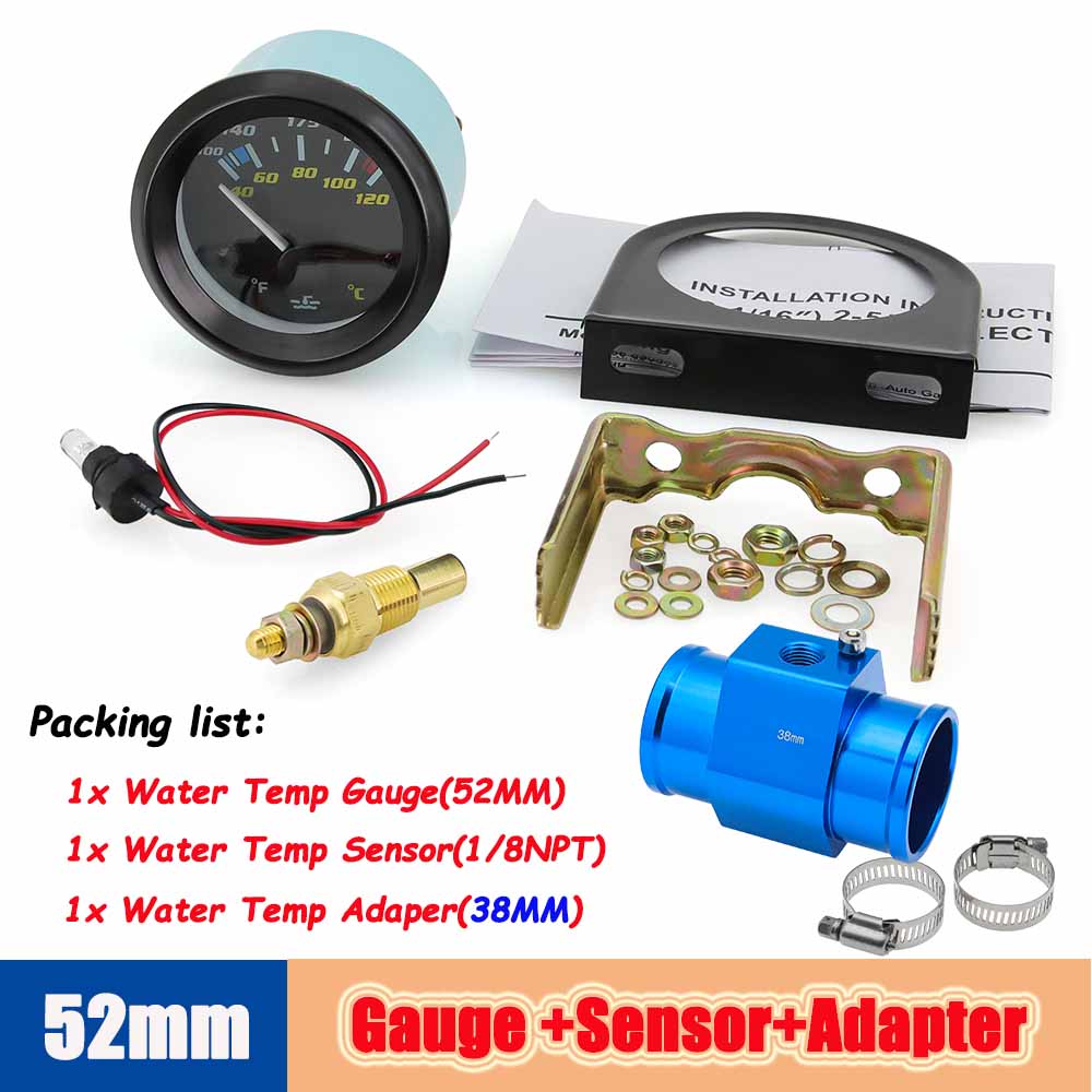 52mm Auto Temp Gauge Dual Unit Digital 40-120℃/100-250℉ Water Temperature Indicator Sensor Adapter 1/8NPT For Gasoline Vehicle