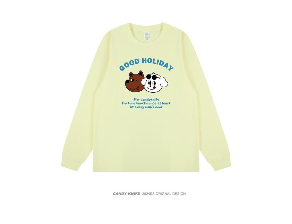 Korean Style Cartoon Print Cuffed Long Sleeve T-shirt - 2024 Student Bestie Collection