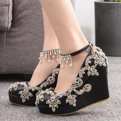 Damen Pumps Sexy Mode Extrem Strass Spitz Zehen Riemchen Schnalle PU 10CM Keilabsatz hohe Absätze String Perlen Mädchen Damen Schuhe