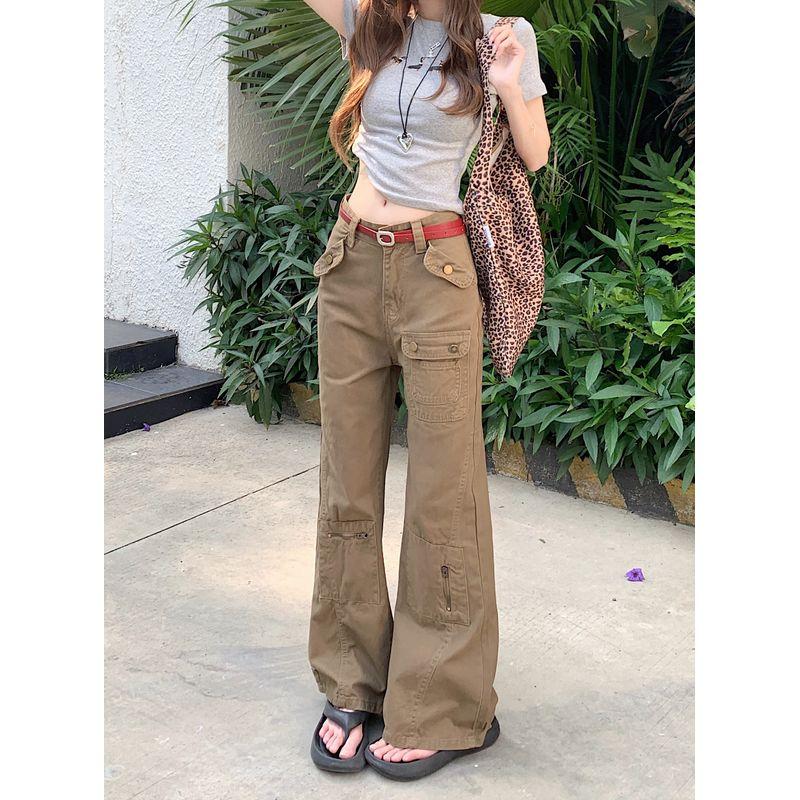 

Kumikumi American Retro Parka Micro-Pull Denim Women s Autumn Stylish Multi-Pocket Low Waist Mop Trousers Khaki pants (156-168) XL