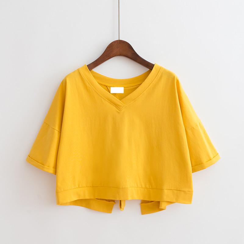 2024 Summer V-Neck Backless Split Solid Color Strap Tops for Female Students - Loose, Short-Sleeve T-Shirts
