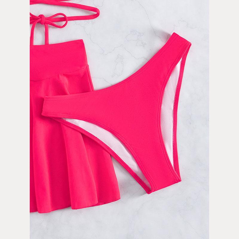 Nová sexy 3dílná bikiny sada Jednobarevné tanga plavky se sukní zakrývající spodní díl Nastavitelné dámské plavky Plážové oblečení