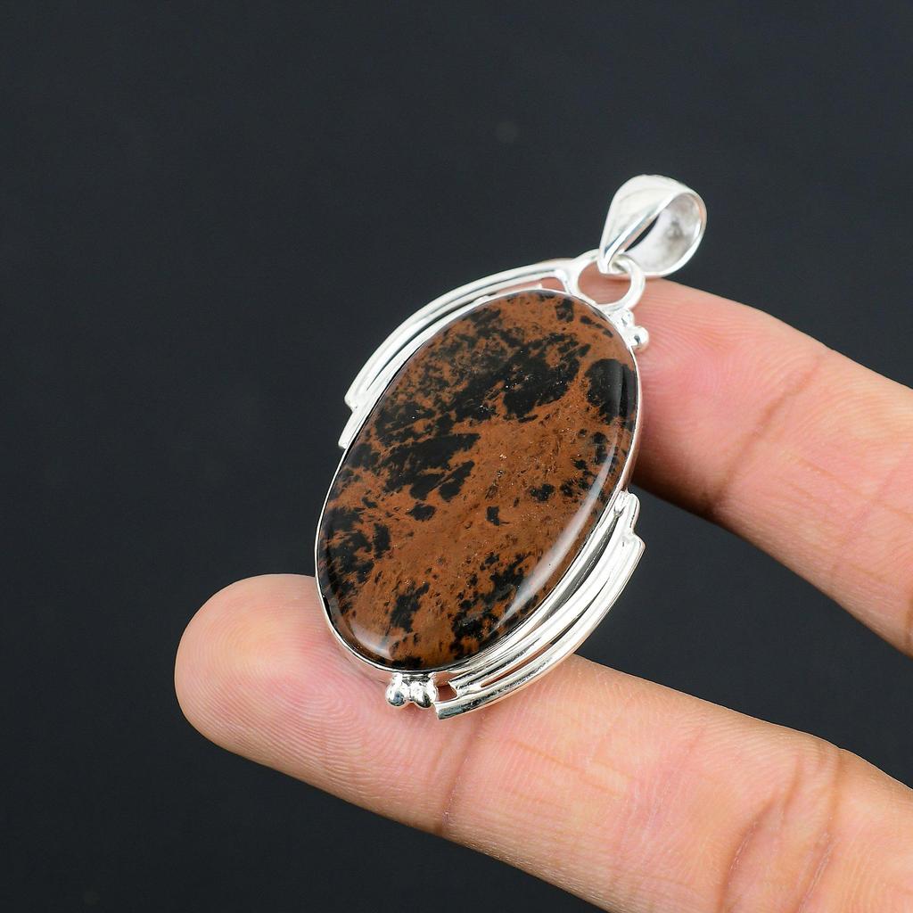 Easter Sale Oval Mahogany Obsidian Stone 925 Silver Trendy Mother Unique Pendant