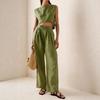Casual Round Neck Two-piece Set for Women Solid Loose Sleeveless Vest High Waist Wide Leg Long Pants Two-piece Summer Suit