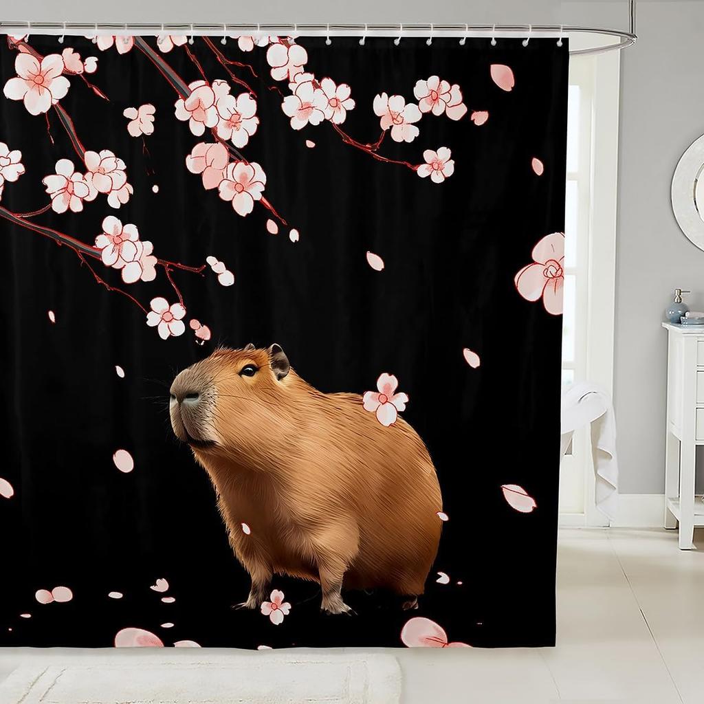 Kids Cute Capybara Shower Curtain for Bathroom Decor Japanese Cherry Blossoms Flowers Bath Curtain for Boys Girls Teens Cartoon