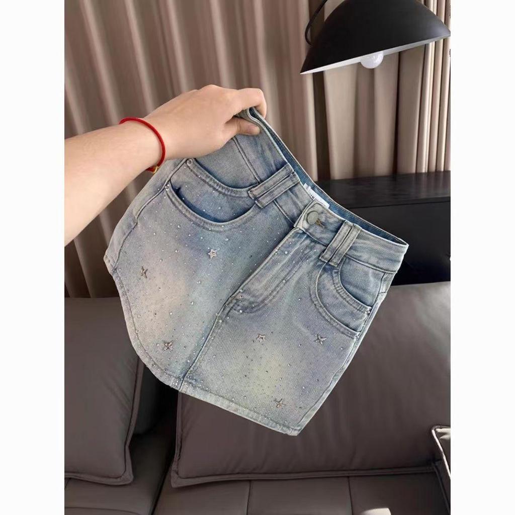 2024 Hot Rhinestone Denim Mini Skirt: Slimming Spicy Girl Summer Style for Women