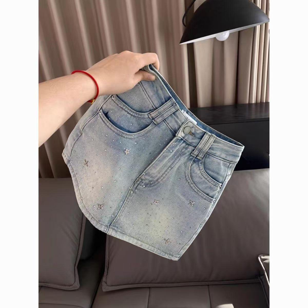 Women s High Waist Rhinestone A-line Denim Skirt S