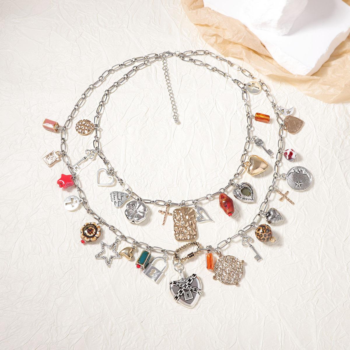 22646 Women's Silver Bohemian Personality Trend, Double Layering, Alloy, Love Geometry, And Other Pendant Resort-Style Necklaces