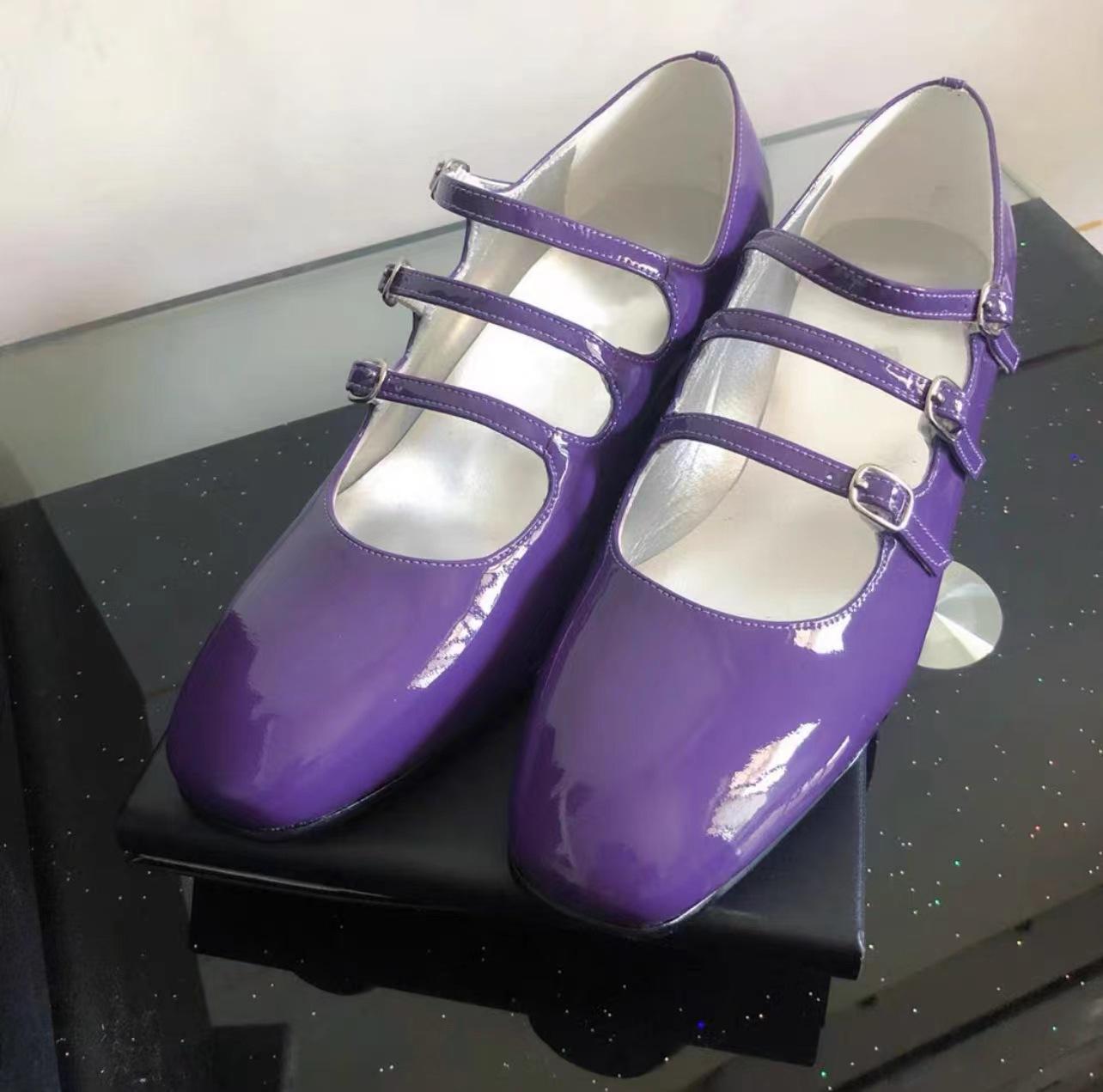 

[Spot] Three-buckle belt Mary Jane small leather shoes women s thick heel single shoes retro patent leather French square head high heels 35