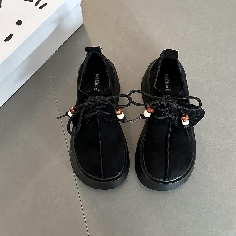 Fashion Women Fashion Versatile Thick-soled Heightening Leisure Shoes Women's Retro Big-head Loafers Shallow-mouth Bag-head Single Shoes