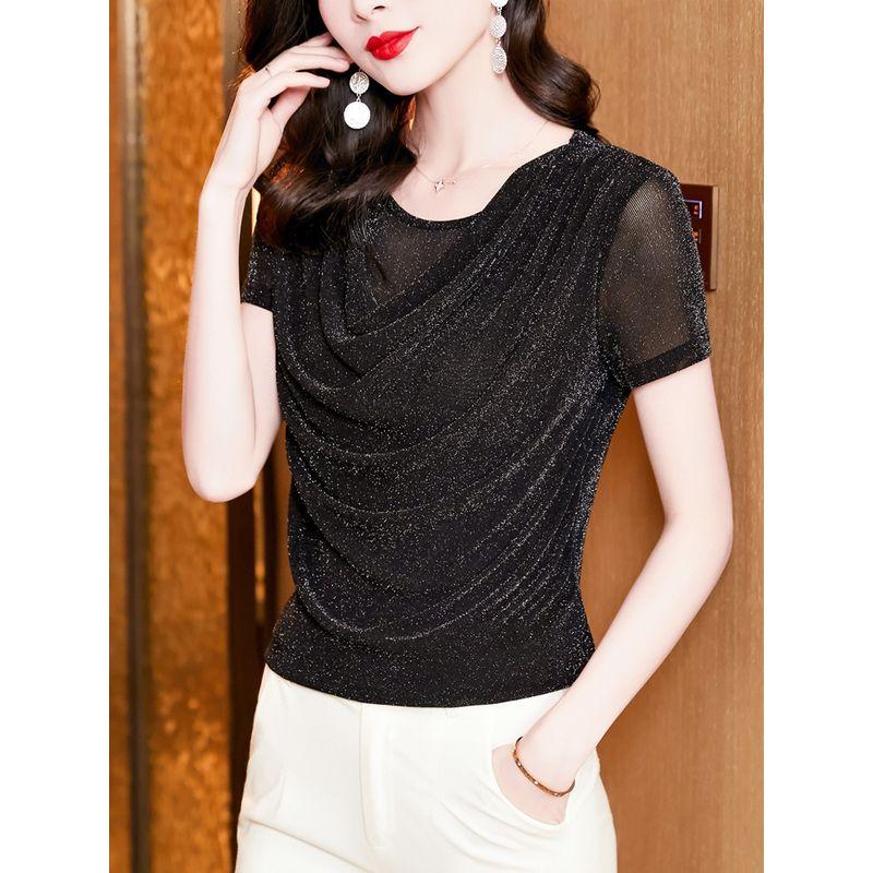 Size Women's Clothing Chubby Girl Summer New Arrival Pure Color Silm Swing Collar Mesh Slimming Short Sleeve T-shirt Easiest for Match 8 Color Women