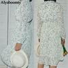 Abito longuette plissettato da donna primavera estate colletto alla coreana con fiocco manica lunga elegante abito con stampa floreale beige