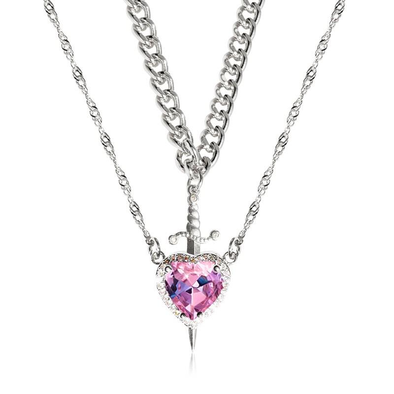 Layered Pendant Necklace Women With Pink Crystal Heart Dagger Charm Gold Or Plated Stainless Steel Chain