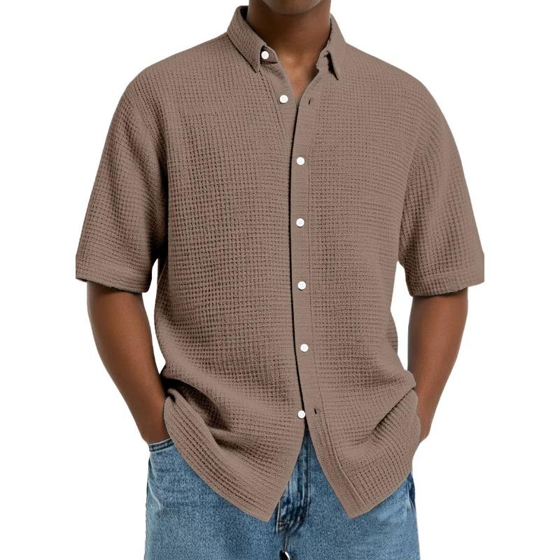 Men's Short-Sleeve Waffle-Knit Collared Shirt - Breathable Casual Button-Down Loose-Fit Top