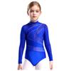 Girls Figure Skating Leotard Sparkling Rhinestones Sheer Mesh Long Sleeves Cutout Back Design Gymnastics Competition Costume