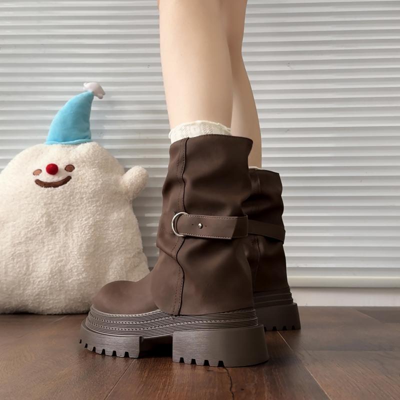 Fashion Thick Bottom Women Western Cowboy Boots Fashion Belt Buckle Autumn Winter Female Slip On Mid Calf Booties