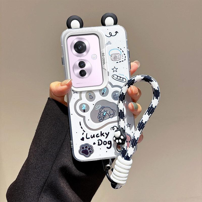 KEYSION Cute Ear Cartoon Case for OPPO Reno11 F 5G with Lanyard Soft Silicone+PC Shockproof Phone Back Cover for OPPO Reno 11F 5G