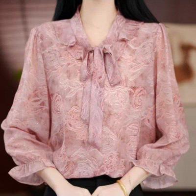 Elegant Pink Lace Chiffon Shirt with Seven-Sleeve Design for Middle-Aged and Elderly Women, Slimming and Versatile Top.