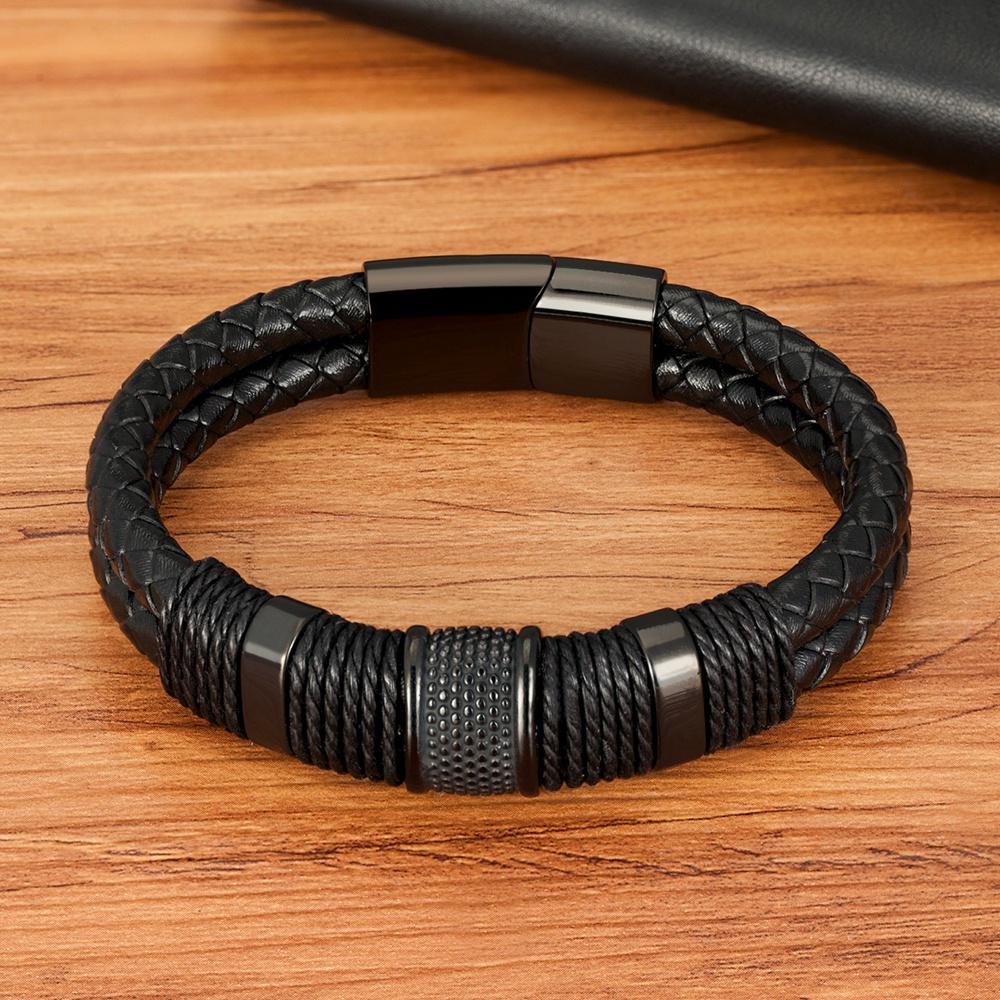 Woven Leather Rope Wrapping Special Style Classic Stainless Steel Men's Leather Bracelet Double layer Design