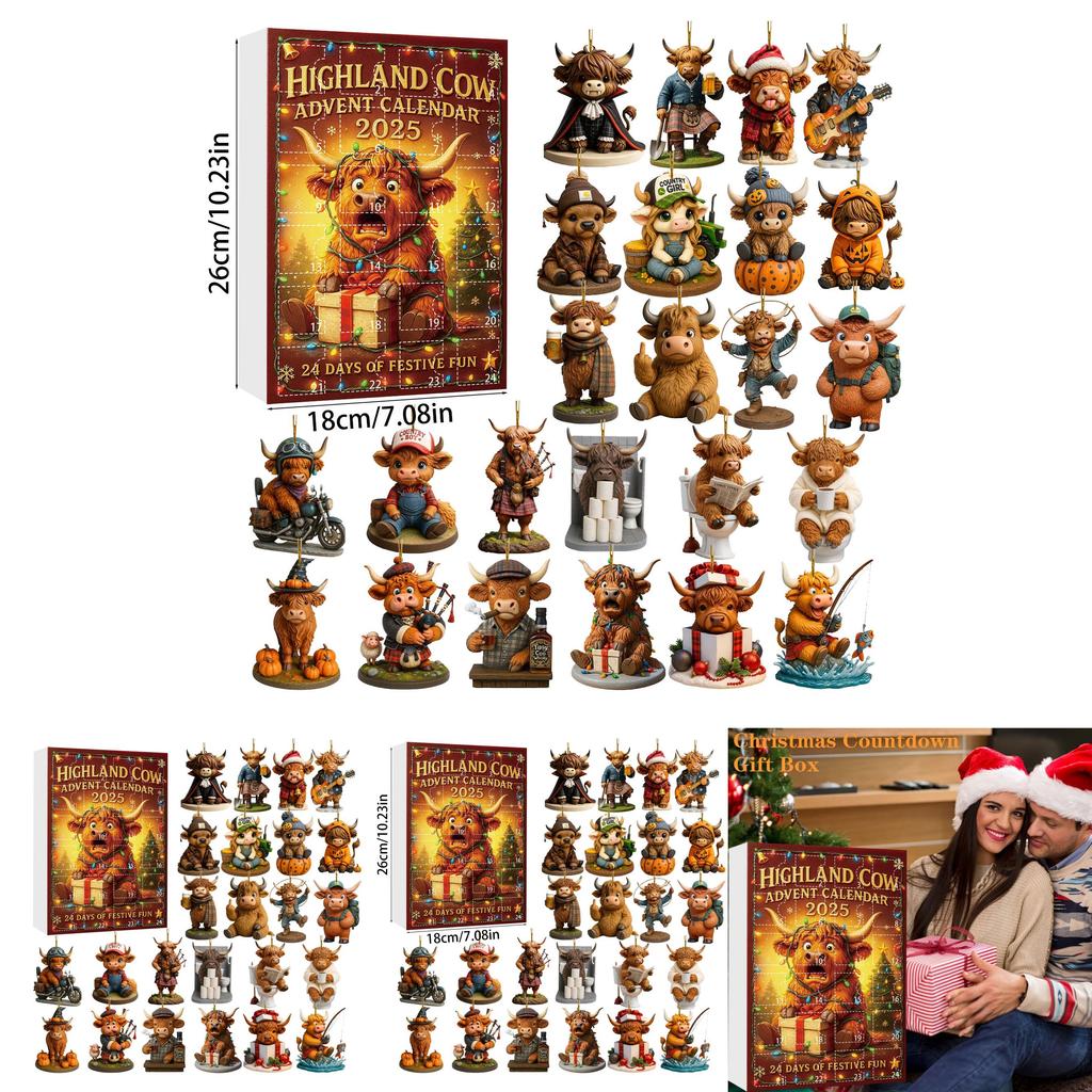 Highland Cattle Christmas Advent Calendar Acrylic Hanging Decorations For Holiday Party Gifts