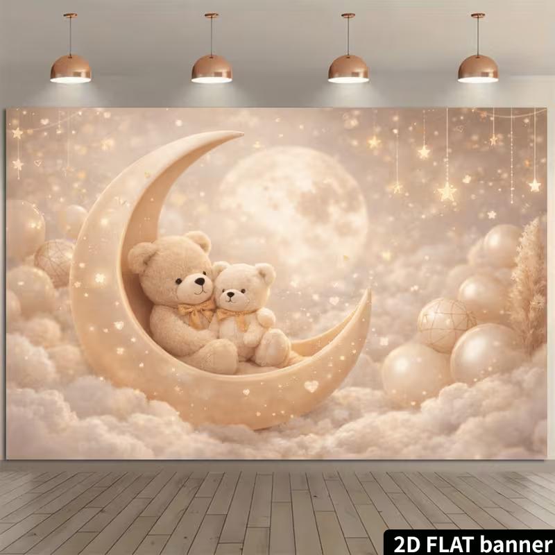 2D Enchanted Beige Moon Backdrop with Teddy Bears, Stars & Fluffy Clouds Newborn Photography Background