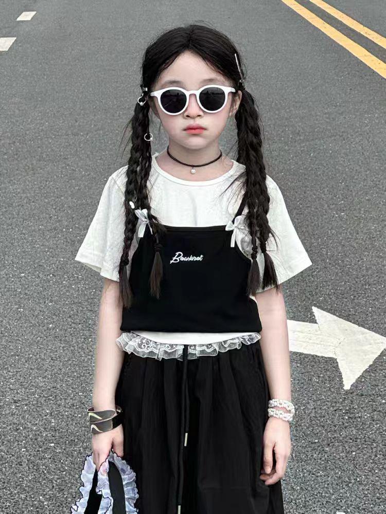 Girls 2026 Korean Style Summer Set: Long Pants & Faux Two-Piece Camisole 140cm