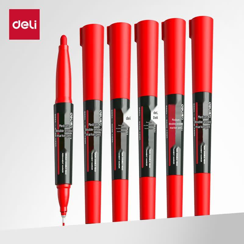 Deli Dual-Tip Quick-Dry Permanent Marker Pen, Red