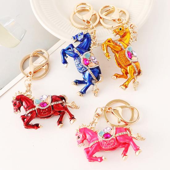 Keychain Pendant Chinese Zodiac Enamel Horse Rhinestones Inlaid Key Chain Metal Charm Bags Keyring Backpack Car Accessories