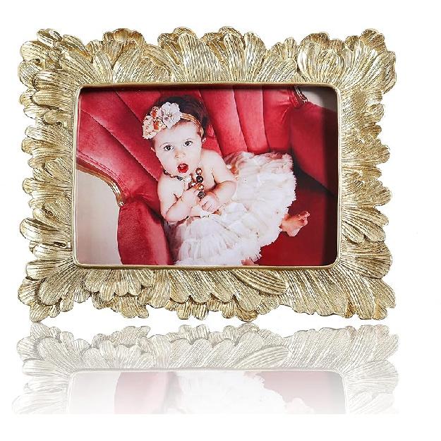 Gold 5x7 Vintage Picture Frames Golden High Definition Glass Palm Leaves Elegant Retro European Design,Antique Picture Frame for Tabletop Stand or 5x7 inch