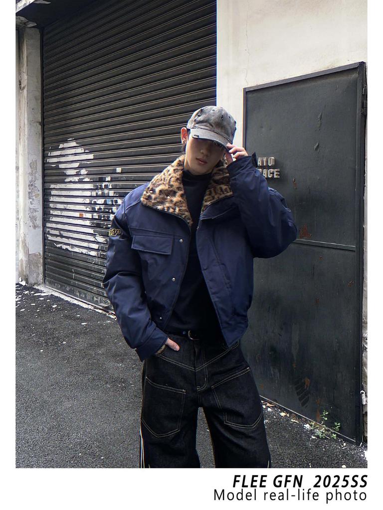 Winter 2026 American Street Style Loose Leopard Print Lapel Jacket with Fur Collar and Fleece Lining