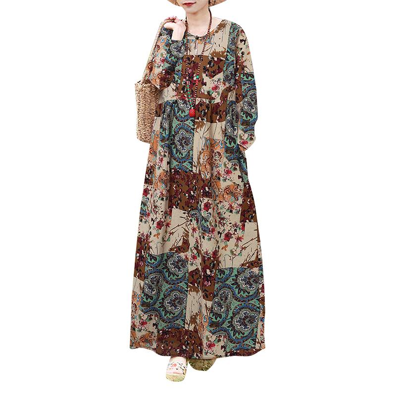 ZANZEA Women Floral Print Loose Casual O-neck Long Sleeve Long Dress