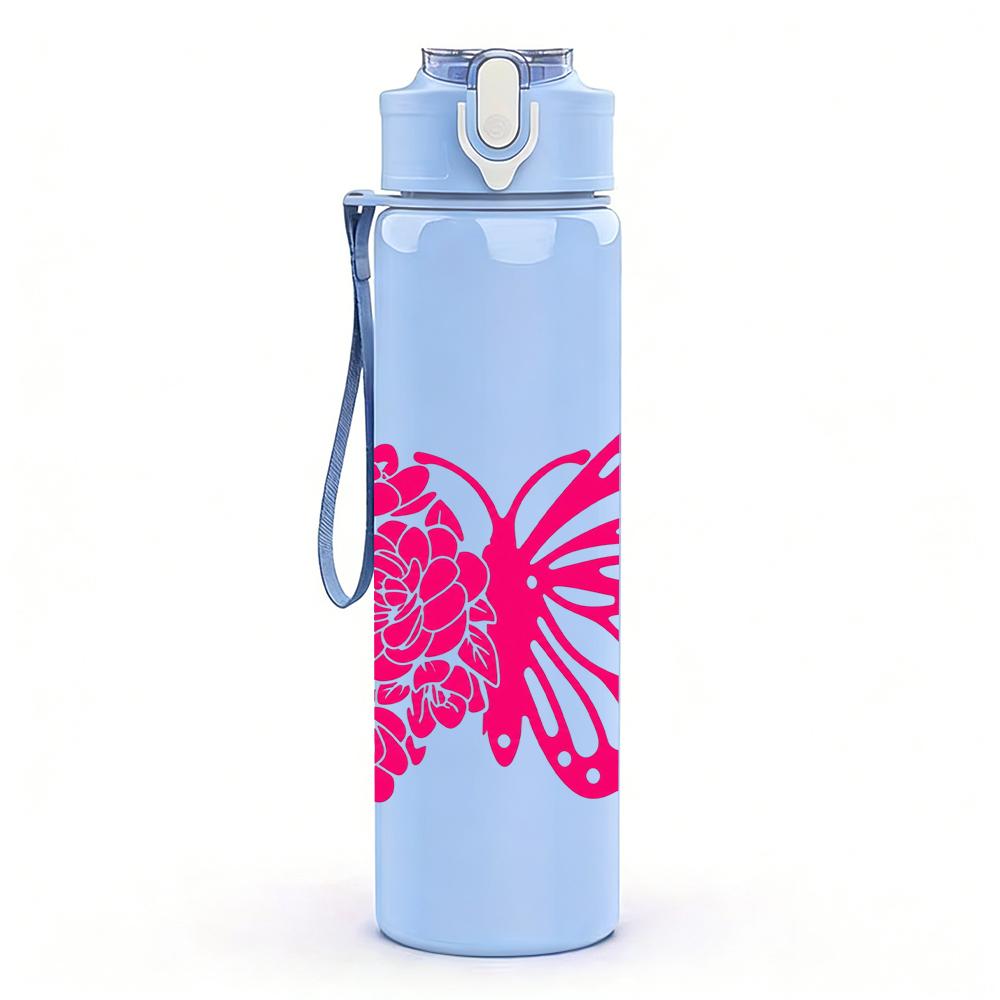 1PC Bright Pink Solid Butterfly 750ml Color Plastic Sports Water Bottle Leakproof Flip Straw Lid Suitable for Sports Office Home Use