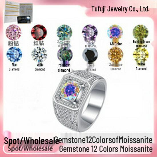 Men's GRA Moissanite Diamond Ring, PT950 Plated, S925 Sterling Silver, Simple Fashion Design.