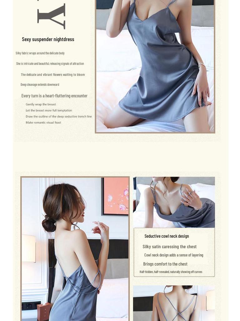 Sexy Ice Silk Lingerie Set: Backless Nightgown & Camisole