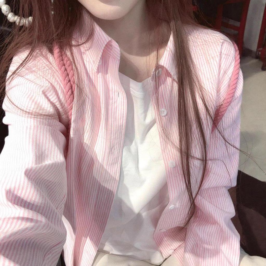 Petite Women's Pink Striped Long-Sleeve Shirt Jacket for Spring & Autumn