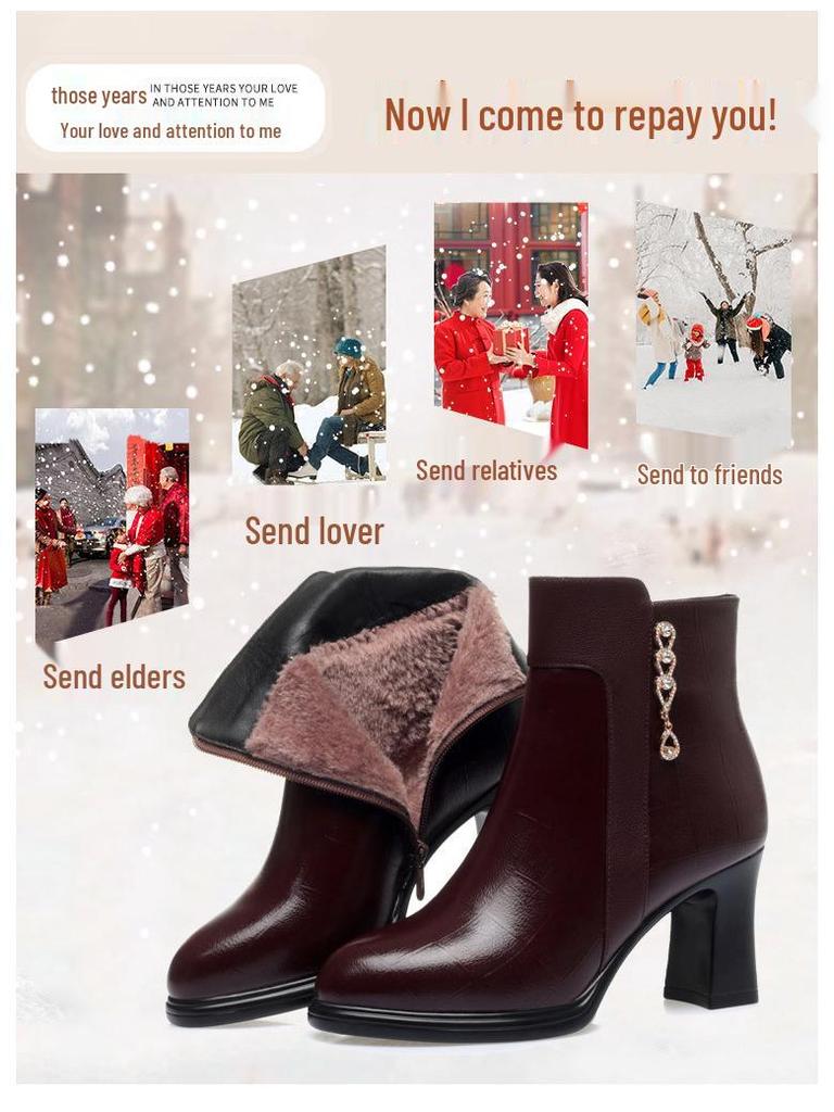 Autumn/Winter 2023 Chunky Heel Ankle Boots - Warm Fleece-Lined Leather Shoes for Middle-Aged Women